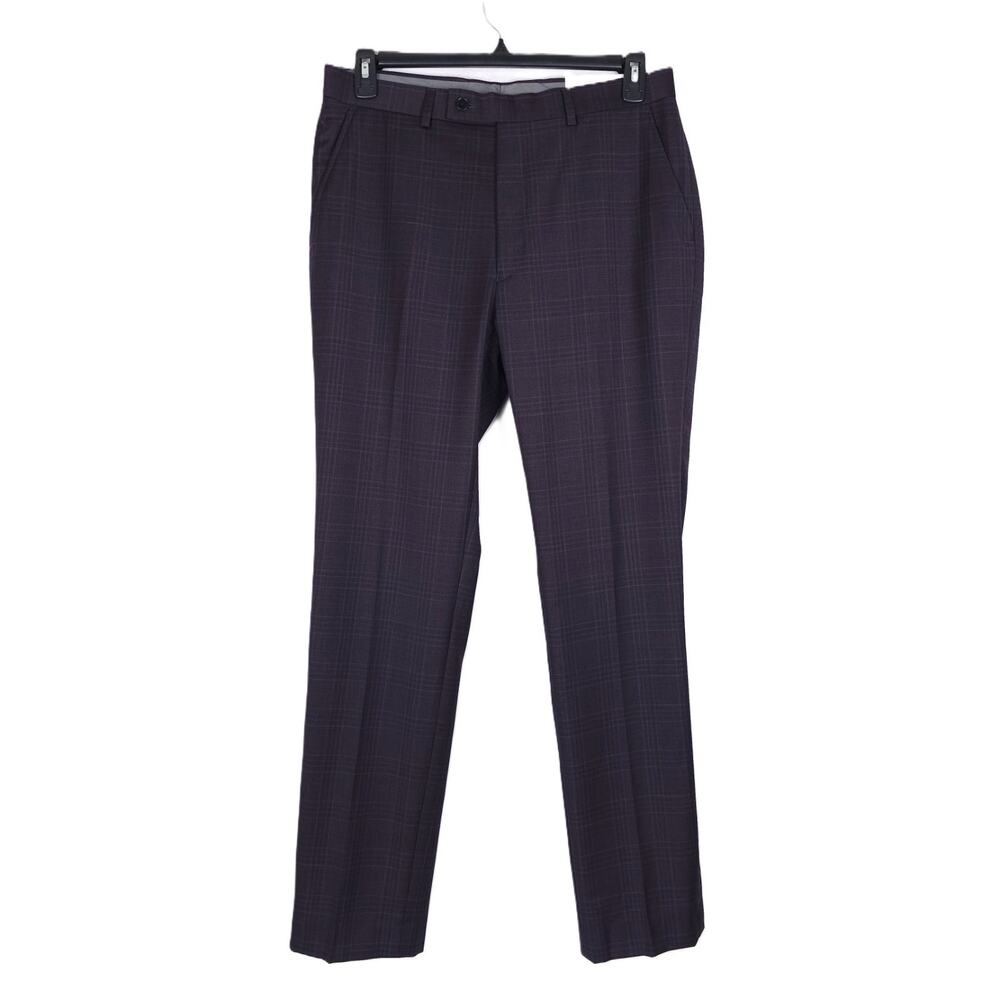 Calvin Klein Mens Slim Fit Dress Pants 30x32 Navy Burgundy Plaid Wool Blend NWT - Picture 2 of 6